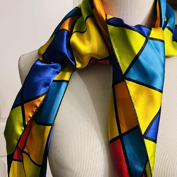 NWT Handmade Geometric Art Silk Scarf by Sana – Bold & Colorful Design - Picture 8 of 10